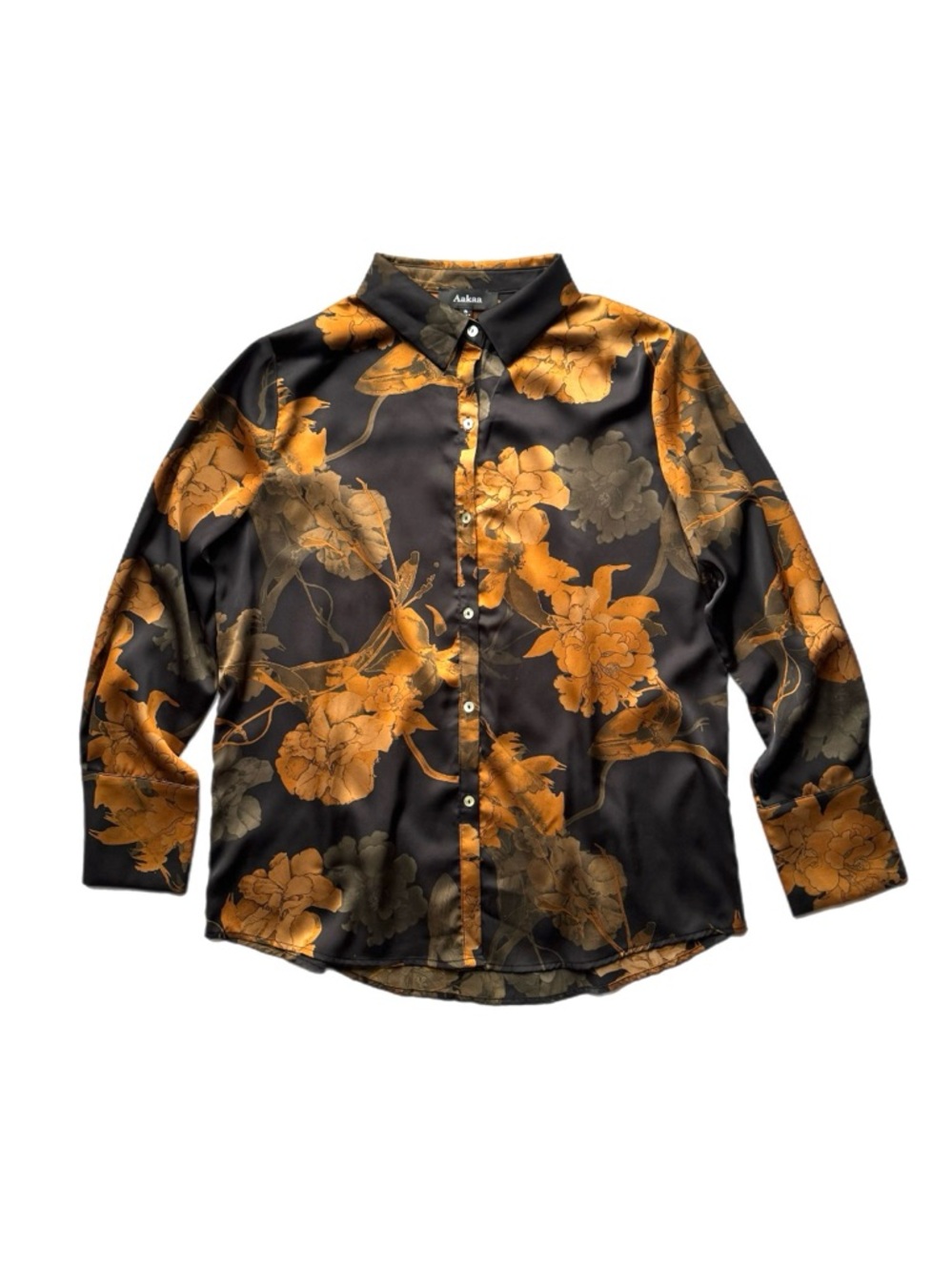 Aakaa Silky Rust & Black Floral Button-Up Blouse